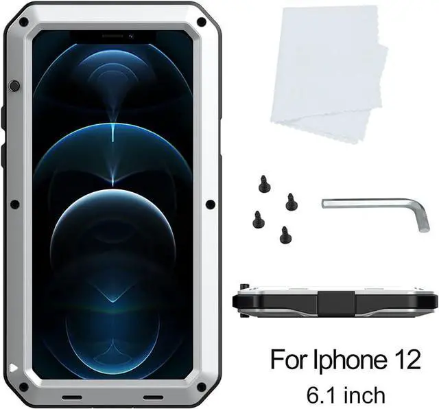 Alt view image 5 of 7 - for iPhone 12 Case,Full Body Protective Cover Heavy Duty Shockproof Tough Armour Aluminum Alloy Metal Case with Silicone Built-in Screen Protector for Apple iPhone 12 Pro 6.1 Inch - Silver