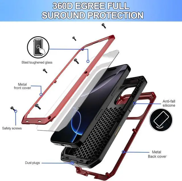Alt view image 7 of 7 - for iPhone 16 Metal Case 6.1",Heavy Duty Shockproof Aluminum Alloy Tough Armour Military Grade Phone Case,360 Full Body Protective Cover with Silicone Built-in Screen Protector - Red