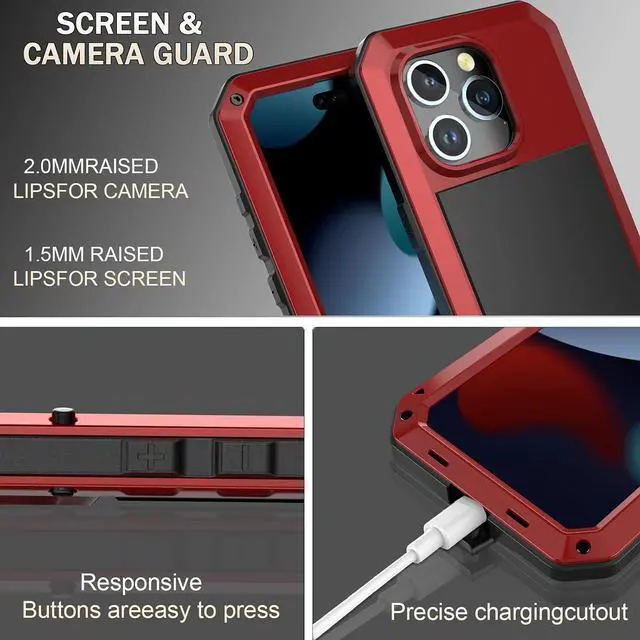 Alt view image 3 of 7 - Compatiable with iPhone 15 Case,360 Full Body Protective Cover Heavy Duty Shockproof Tough Armour Aluminum Alloy Metal Case with Silicone Built-in Screen Protector - Red