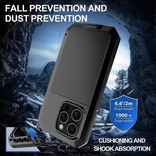 Alt view image 3 of 7 - for iPhone 16 Plus Metal Case 6.7",Heavy Duty Shockproof Aluminum Alloy Tough Armour Military Phone Case,360 Full Body Protective Cover with Silicone Built-in Screen Protector - Black