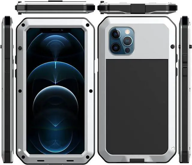 Alt view image 2 of 7 - for iPhone 12 Case,Full Body Protective Cover Heavy Duty Shockproof Tough Armour Aluminum Alloy Metal Case with Silicone Built-in Screen Protector for Apple iPhone 12 Pro 6.1 Inch - Silver