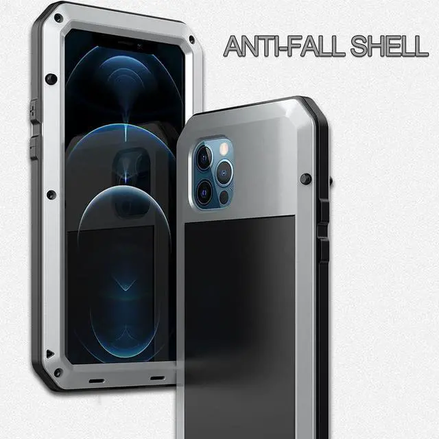 Alt view image 7 of 7 - for iPhone 12 Case,Full Body Protective Cover Heavy Duty Shockproof Tough Armour Aluminum Alloy Metal Case with Silicone Built-in Screen Protector for Apple iPhone 12 Pro 6.1 Inch - Silver