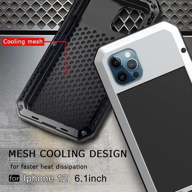 Alt view image 6 of 7 - for iPhone 12 Case,Full Body Protective Cover Heavy Duty Shockproof Tough Armour Aluminum Alloy Metal Case with Silicone Built-in Screen Protector for Apple iPhone 12 Pro 6.1 Inch - Silver