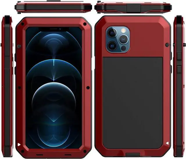 Main image of for iPhone 12 Case, 360 Full Body Protective Heavy Duty Shockproof Tough Armour Aluminum Alloy Metal Case with Silicone Built-in Screen Protector for Apple iPhone 12 Pro 6.1 Inch - Red