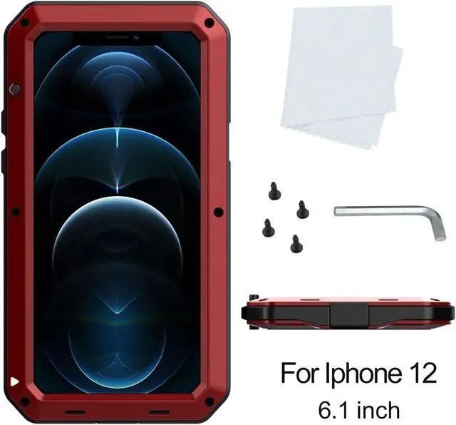 Alt view image 6 of 7 - for iPhone 12 Case, 360 Full Body Protective Heavy Duty Shockproof Tough Armour Aluminum Alloy Metal Case with Silicone Built-in Screen Protector for Apple iPhone 12 Pro 6.1 Inch - Red