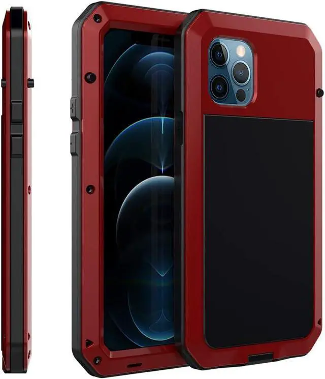 Alt view image 2 of 7 - for iPhone 12 Case, 360 Full Body Protective Heavy Duty Shockproof Tough Armour Aluminum Alloy Metal Case with Silicone Built-in Screen Protector for Apple iPhone 12 Pro 6.1 Inch - Red