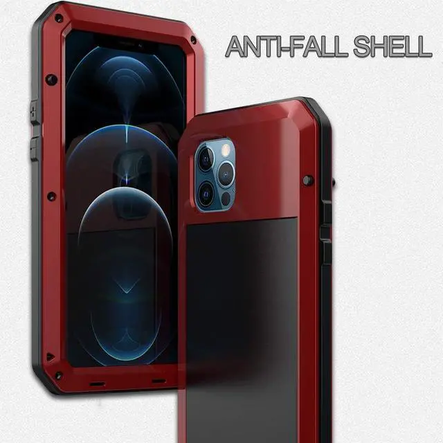 Alt view image 3 of 7 - for iPhone 12 Case, 360 Full Body Protective Heavy Duty Shockproof Tough Armour Aluminum Alloy Metal Case with Silicone Built-in Screen Protector for Apple iPhone 12 Pro 6.1 Inch - Red