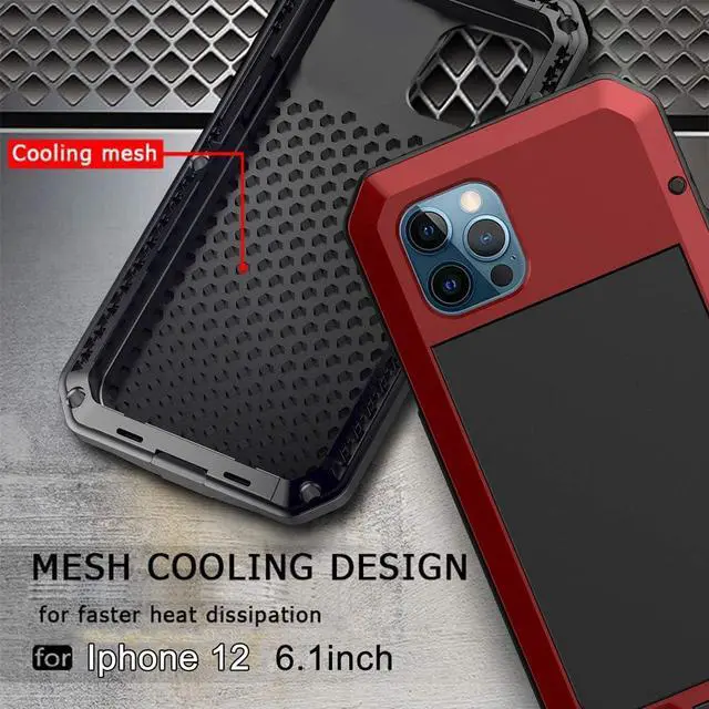 Alt view image 7 of 7 - for iPhone 12 Case, 360 Full Body Protective Heavy Duty Shockproof Tough Armour Aluminum Alloy Metal Case with Silicone Built-in Screen Protector for Apple iPhone 12 Pro 6.1 Inch - Red