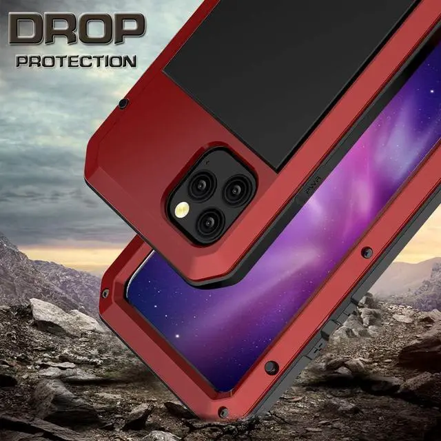 Alt view image 4 of 7 - for iPhone 11 Pro Max Case,Full Body Protective Cover Heavy Duty Shockproof Tough Armour Aluminum Alloy Metal Case with Silicone Built-in Screen Protector for iPhone 11 Pro Max - red