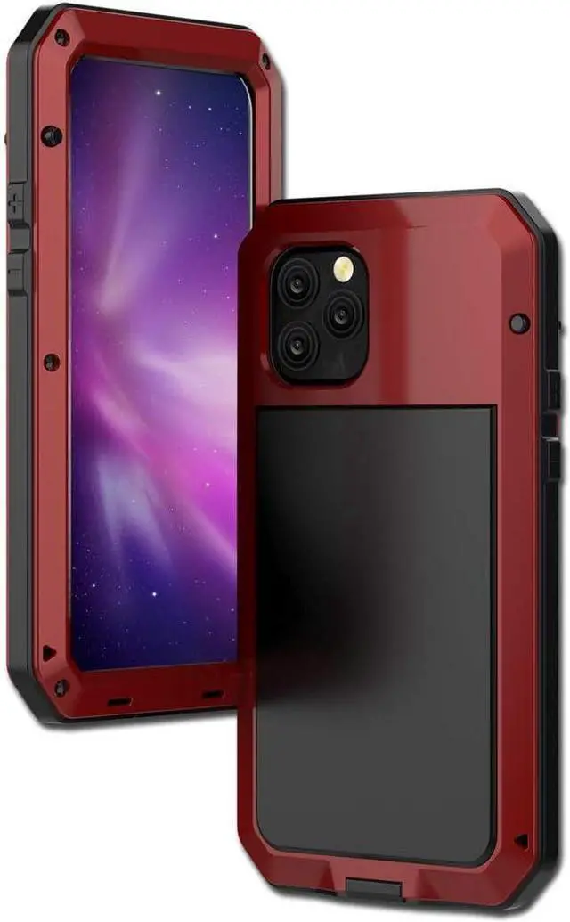 Alt view image 7 of 7 - for iPhone 11 Pro Max Case,Full Body Protective Cover Heavy Duty Shockproof Tough Armour Aluminum Alloy Metal Case with Silicone Built-in Screen Protector for iPhone 11 Pro Max - red