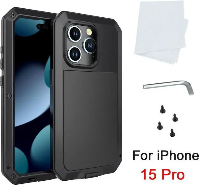 Alt view image 6 of 7 - Compatiable with iPhone 15 Pro Case,360 Full Body Protective Cover Heavy Duty Shockproof Tough Armour Aluminum Alloy Metal Case with Silicone Built-in Screen Protector - Black