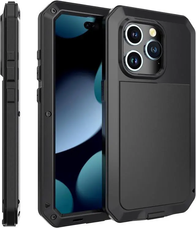 Alt view image 7 of 7 - Compatiable with iPhone 15 Pro Case,360 Full Body Protective Cover Heavy Duty Shockproof Tough Armour Aluminum Alloy Metal Case with Silicone Built-in Screen Protector - Black