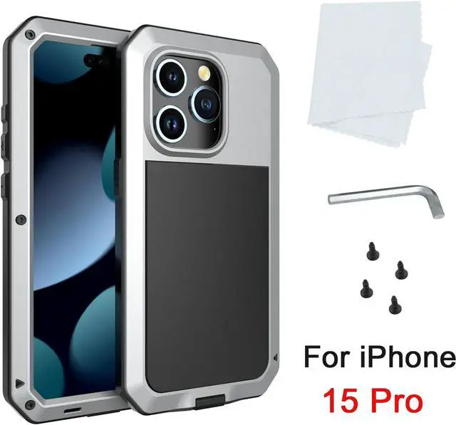 Alt view image 6 of 7 - Compatiable with iPhone 15 Pro Case,360 Full Body Protective Cover Heavy Duty Shockproof Tough Armour Aluminum Alloy Metal Case with Silicone Built-in Screen Protector - Silver