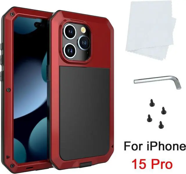 Alt view image 6 of 7 - Compatiable with iPhone 15 Pro Case,360 Full Body Protective Cover Heavy Duty Shockproof Tough Armour Aluminum Alloy Metal Case with Silicone Built-in Screen Protector - Red
