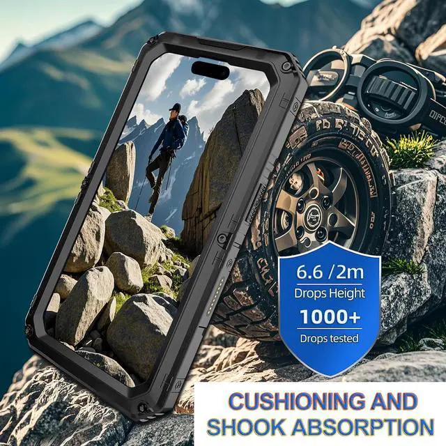 Alt view image 4 of 7 - Waterproof Case for iPhone 16, Heavy Duty Durable Metal Full Body Built-in Screen Protection Case Shockproof Dustproof Rugged Military Grade Defender for iPhone 16 - Black