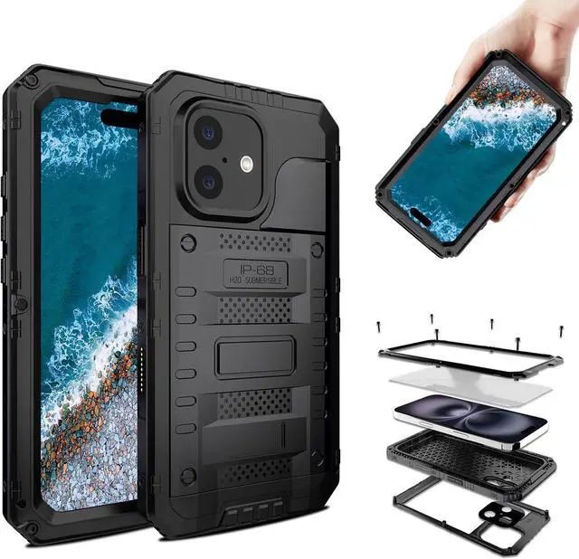 Alt view image 3 of 7 - Waterproof Case for iPhone 16, Heavy Duty Durable Metal Full Body Built-in Screen Protection Case Shockproof Dustproof Rugged Military Grade Defender for iPhone 16 - Black