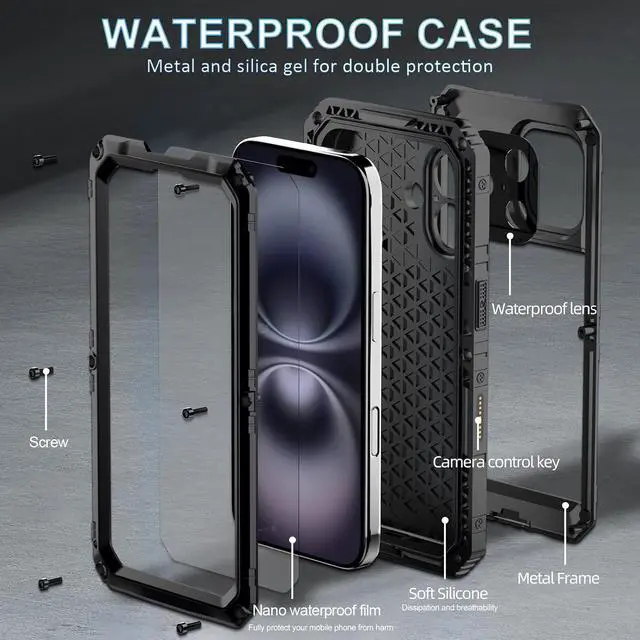 Alt view image 7 of 7 - Waterproof Case for iPhone 16, Heavy Duty Durable Metal Full Body Built-in Screen Protection Case Shockproof Dustproof Rugged Military Grade Defender for iPhone 16 - Black