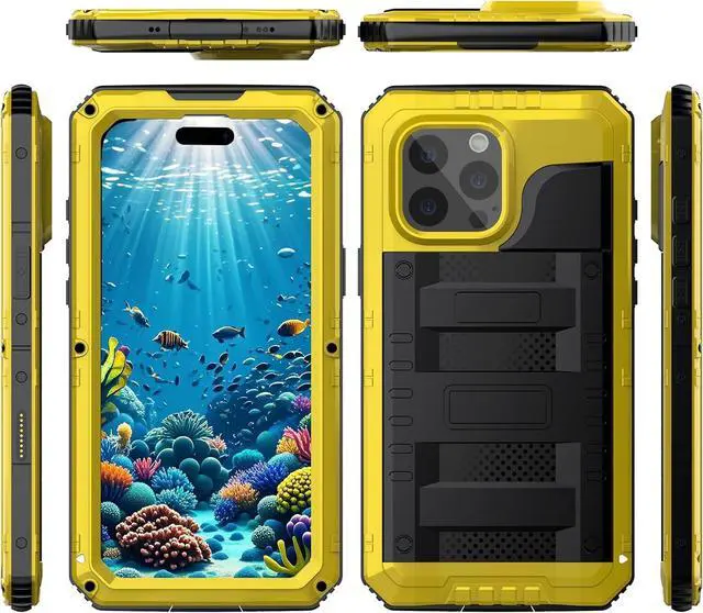 Alt view image 2 of 7 - Waterproof Case for iPhone 16 Pro Max, Heavy Duty Durable Metal Full Body Built-in Screen Protection Case Shockproof Dustproof Rugged Military Grade Defender for iPhone 16 Pro Max - Yellow