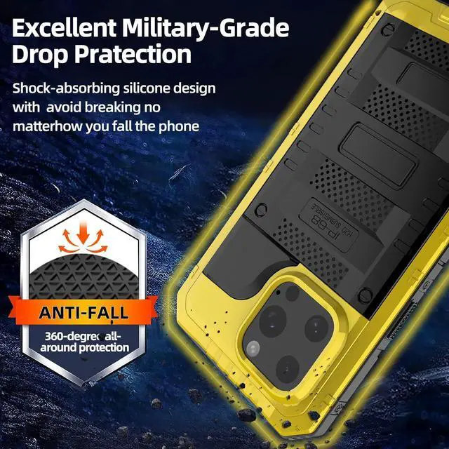 Alt view image 4 of 7 - Waterproof Case for iPhone 16 Pro Max, Heavy Duty Durable Metal Full Body Built-in Screen Protection Case Shockproof Dustproof Rugged Military Grade Defender for iPhone 16 Pro Max - Yellow