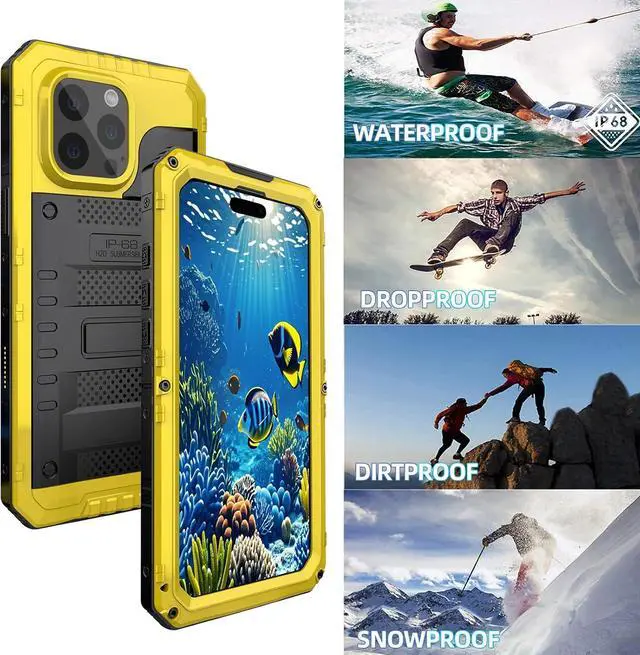 Alt view image 3 of 7 - Waterproof Case for iPhone 16 Pro Max, Heavy Duty Durable Metal Full Body Built-in Screen Protection Case Shockproof Dustproof Rugged Military Grade Defender for iPhone 16 Pro Max - Yellow