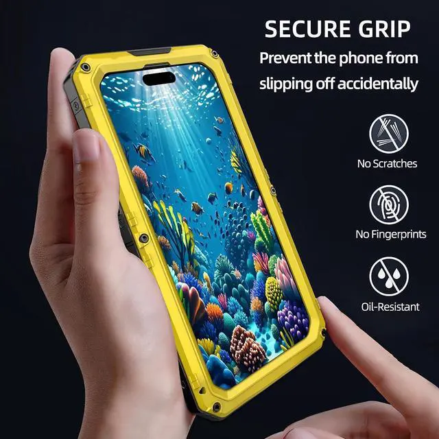 Alt view image 7 of 7 - Waterproof Case for iPhone 16 Pro Max, Heavy Duty Durable Metal Full Body Built-in Screen Protection Case Shockproof Dustproof Rugged Military Grade Defender for iPhone 16 Pro Max - Yellow