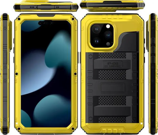 Alt view image 2 of 7 - Waterproof Case for iPhone 15 Pro Max, Heavy Duty Durable Metal Full Body Built-in Screen Protection Case Shockproof Dustproof Rugged Military Grade Defender for iPhone 15 Pro Max - Yellow