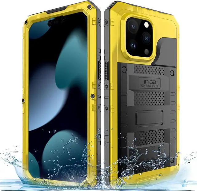 Main image of Waterproof Case for iPhone 15 Pro Max, Heavy Duty Durable Metal Full Body Built-in Screen Protection Case Shockproof Dustproof Rugged Military Grade Defender for iPhone 15 Pro Max - Yellow