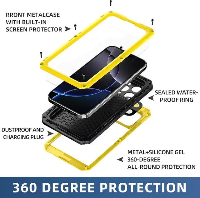Alt view image 6 of 7 - Waterproof Case for iPhone 16 Pro, Heavy Duty Durable Metal Full Body Built-in Screen Protection Case Shockproof Dustproof Rugged Military Grade Defender for iPhone 16 Pro - Yellow