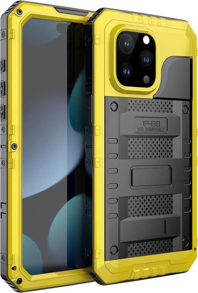 Alt view image 3 of 7 - Waterproof Case for iPhone 15 Pro Max, Heavy Duty Durable Metal Full Body Built-in Screen Protection Case Shockproof Dustproof Rugged Military Grade Defender for iPhone 15 Pro Max - Yellow