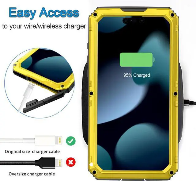 Alt view image 7 of 7 - Waterproof Case for iPhone 15 Pro Max, Heavy Duty Durable Metal Full Body Built-in Screen Protection Case Shockproof Dustproof Rugged Military Grade Defender for iPhone 15 Pro Max - Yellow