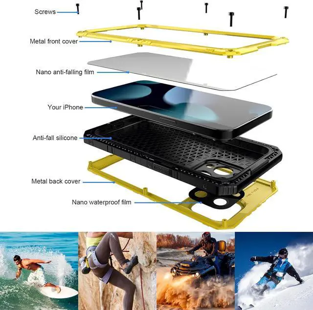 Alt view image 6 of 7 - Waterproof Case for iPhone 15 Pro Max, Heavy Duty Durable Metal Full Body Built-in Screen Protection Case Shockproof Dustproof Rugged Military Grade Defender for iPhone 15 Pro Max - Yellow