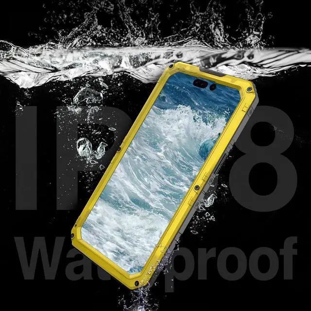 Alt view image 4 of 7 - Waterproof Case for iPhone 15 Pro Max, Heavy Duty Durable Metal Full Body Built-in Screen Protection Case Shockproof Dustproof Rugged Military Grade Defender for iPhone 15 Pro Max - Yellow