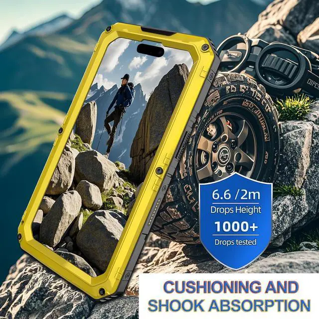 Alt view image 4 of 7 - Waterproof Case for iPhone 16 Plus, Heavy Duty Durable Metal Full Body Built-in Screen Protection Case Shockproof Dustproof Rugged Military Grade Defender for iPhone 16 Plus - Yellow