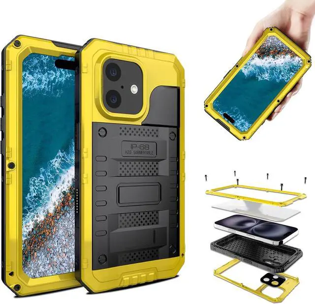 Alt view image 3 of 7 - Waterproof Case for iPhone 16 Plus, Heavy Duty Durable Metal Full Body Built-in Screen Protection Case Shockproof Dustproof Rugged Military Grade Defender for iPhone 16 Plus - Yellow