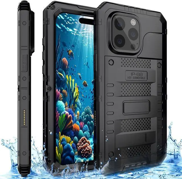 Alt view image 2 of 7 - Waterproof Case for iPhone 16 Pro Max, Heavy Duty Durable Metal Full Body Built-in Screen Protection Case Shockproof Dustproof Rugged Military Grade Defender for iPhone 16 Pro Max - Black
