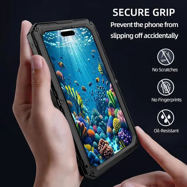 Alt view image 7 of 7 - Waterproof Case for iPhone 16 Pro Max, Heavy Duty Durable Metal Full Body Built-in Screen Protection Case Shockproof Dustproof Rugged Military Grade Defender for iPhone 16 Pro Max - Black