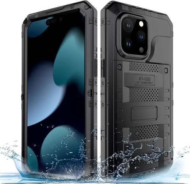 Main image of Waterproof Case for iPhone 15 Pro Max, Heavy Duty Durable Metal Full Body Built-in Screen Protection Case Shockproof Dustproof Rugged Military Grade Defender for iPhone 15 Pro Max - Black