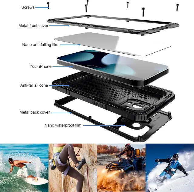 Alt view image 6 of 7 - Waterproof Case for iPhone 15 Pro Max, Heavy Duty Durable Metal Full Body Built-in Screen Protection Case Shockproof Dustproof Rugged Military Grade Defender for iPhone 15 Pro Max - Black