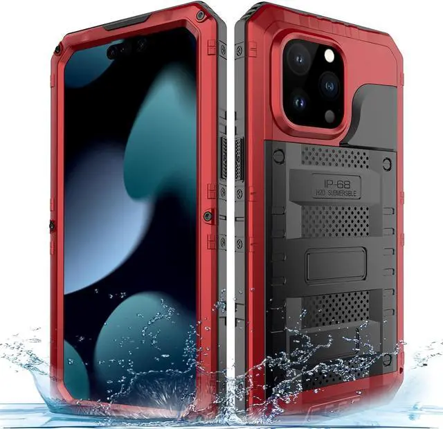Main image of Waterproof Case for iPhone 15 Pro Max, Heavy Duty Durable Metal Full Body Built-in Screen Protection Case Shockproof Dustproof Rugged Military Grade Defender for iPhone 15 Pro Max - Red