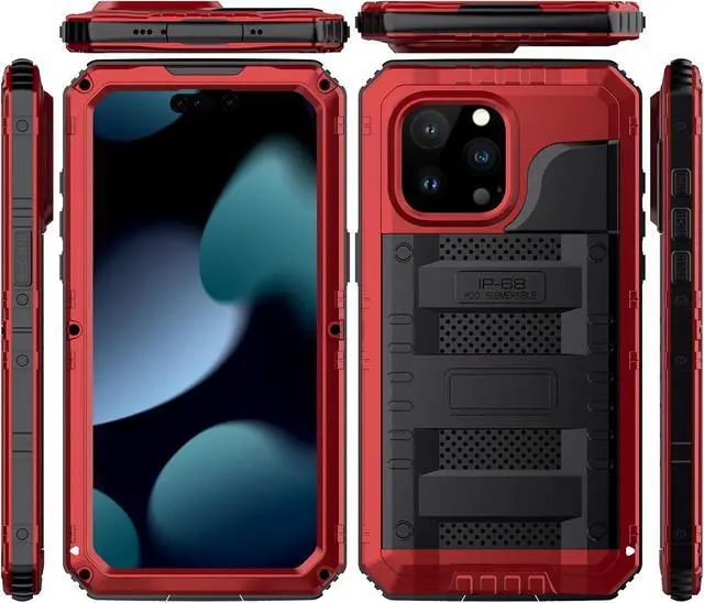 Alt view image 2 of 7 - Waterproof Case for iPhone 15 Pro Max, Heavy Duty Durable Metal Full Body Built-in Screen Protection Case Shockproof Dustproof Rugged Military Grade Defender for iPhone 15 Pro Max - Red