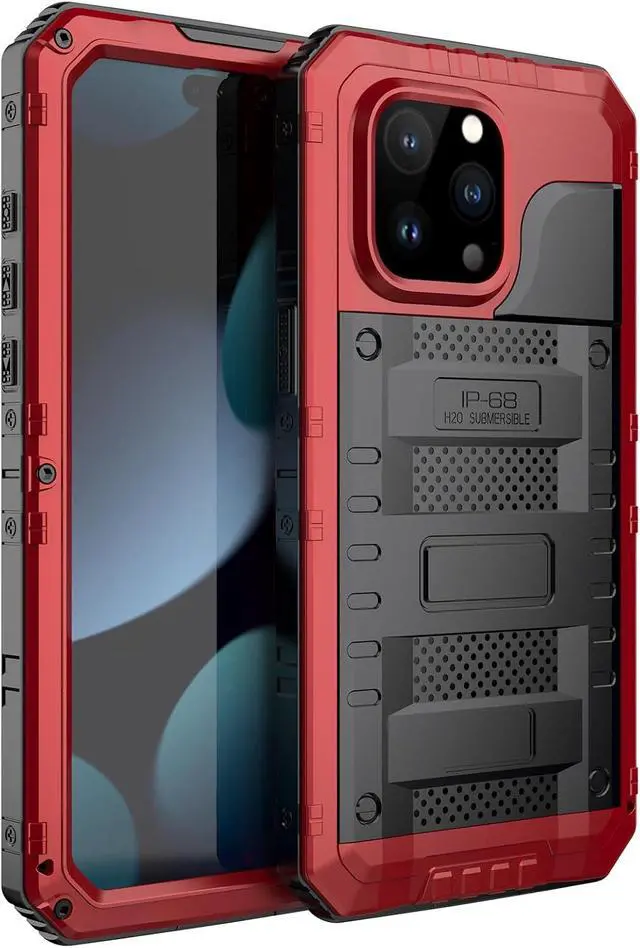 Alt view image 3 of 7 - Waterproof Case for iPhone 15 Pro Max, Heavy Duty Durable Metal Full Body Built-in Screen Protection Case Shockproof Dustproof Rugged Military Grade Defender for iPhone 15 Pro Max - Red
