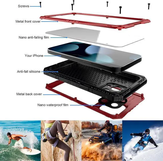 Alt view image 6 of 7 - Waterproof Case for iPhone 15 Pro Max, Heavy Duty Durable Metal Full Body Built-in Screen Protection Case Shockproof Dustproof Rugged Military Grade Defender for iPhone 15 Pro Max - Red