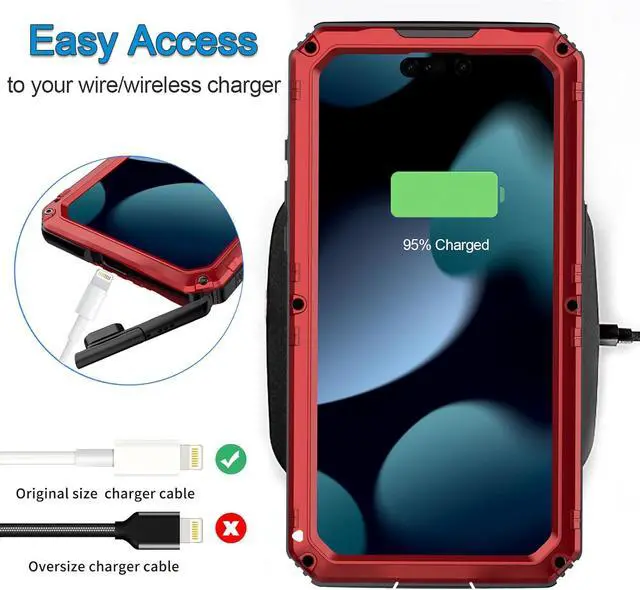 Alt view image 7 of 7 - Waterproof Case for iPhone 15 Pro Max, Heavy Duty Durable Metal Full Body Built-in Screen Protection Case Shockproof Dustproof Rugged Military Grade Defender for iPhone 15 Pro Max - Red