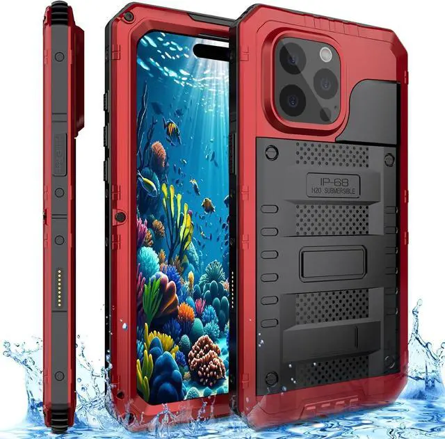 Main image of Waterproof Case for iPhone 16 Pro, Heavy Duty Durable Metal Full Body Built-in Screen Protection Case Shockproof Dustproof Rugged Military Grade Defender for iPhone 16 Pro - Red