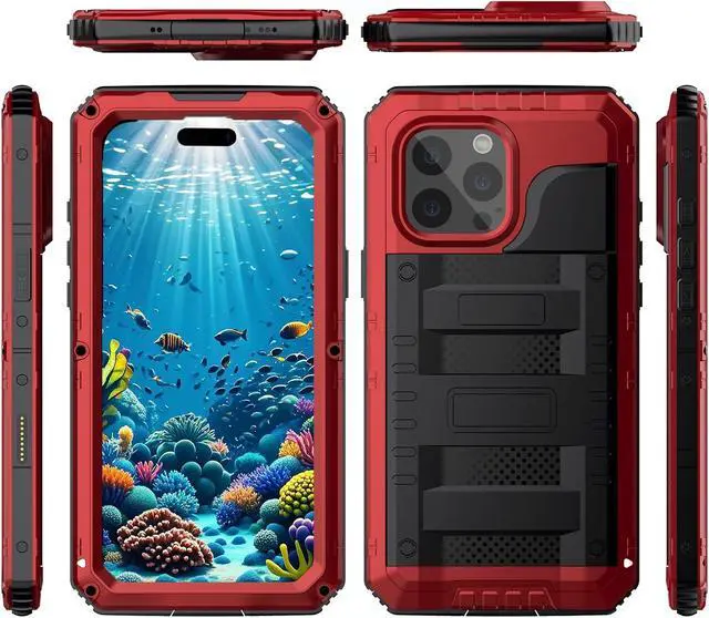 Alt view image 2 of 7 - Waterproof Case for iPhone 16 Pro, Heavy Duty Durable Metal Full Body Built-in Screen Protection Case Shockproof Dustproof Rugged Military Grade Defender for iPhone 16 Pro - Red