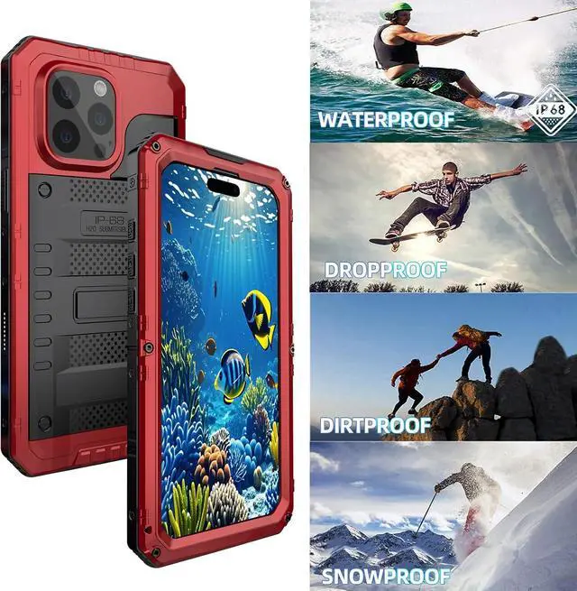 Alt view image 3 of 7 - Waterproof Case for iPhone 16 Pro, Heavy Duty Durable Metal Full Body Built-in Screen Protection Case Shockproof Dustproof Rugged Military Grade Defender for iPhone 16 Pro - Red