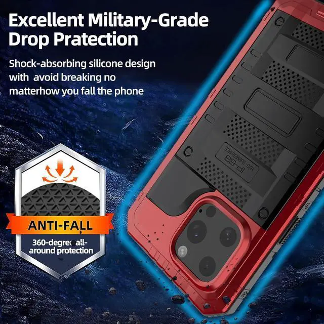 Alt view image 4 of 7 - Waterproof Case for iPhone 16 Pro, Heavy Duty Durable Metal Full Body Built-in Screen Protection Case Shockproof Dustproof Rugged Military Grade Defender for iPhone 16 Pro - Red