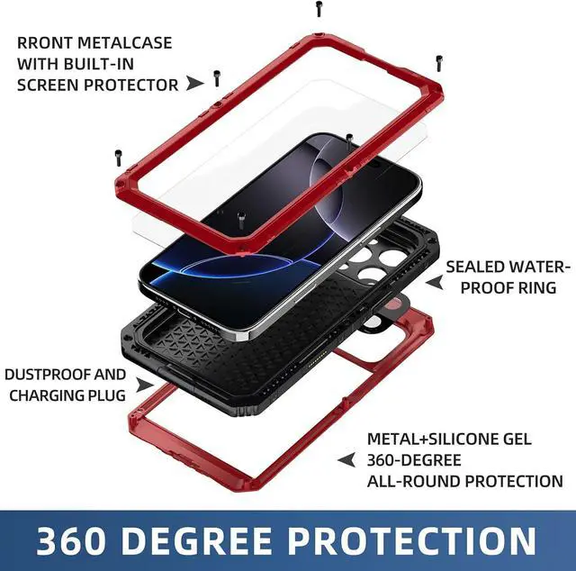 Alt view image 5 of 7 - Waterproof Case for iPhone 16 Pro, Heavy Duty Durable Metal Full Body Built-in Screen Protection Case Shockproof Dustproof Rugged Military Grade Defender for iPhone 16 Pro - Red