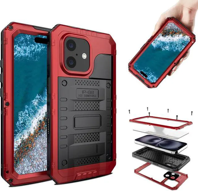 Alt view image 3 of 7 - Waterproof Case for iPhone 16 Plus, Heavy Duty Durable Metal Full Body Built-in Screen Protection Case Shockproof Dustproof Rugged Military Grade Defender for iPhone 16 Plus - Red