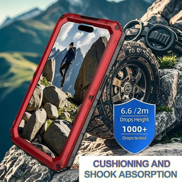 Alt view image 4 of 7 - Waterproof Case for iPhone 16 Plus, Heavy Duty Durable Metal Full Body Built-in Screen Protection Case Shockproof Dustproof Rugged Military Grade Defender for iPhone 16 Plus - Red